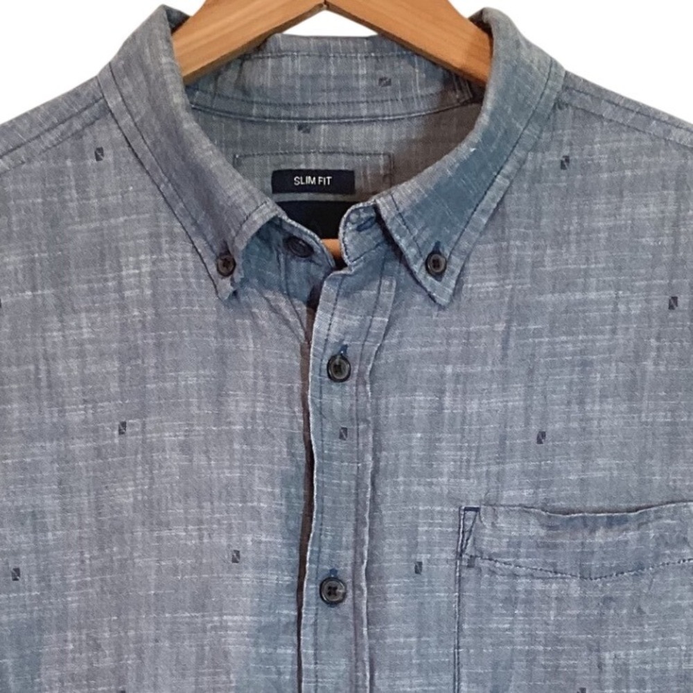 prAna Slim Fit Blue Gray Organic Cotton Short Sleeve Button Down Shirt - Medium